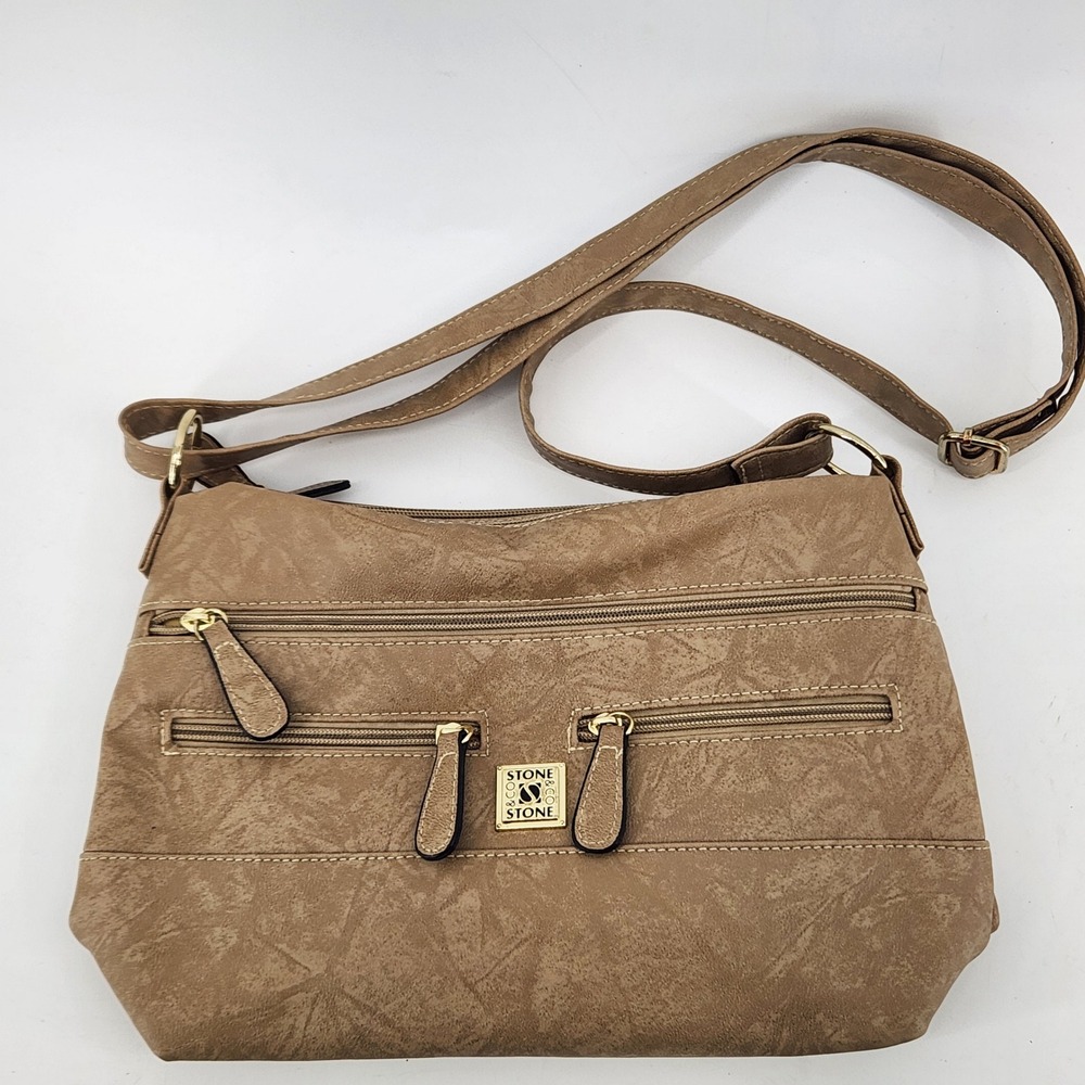 Stone & Co Crossbody Bag Brown‎ Faux Leather Organizer Dual Zip Purse